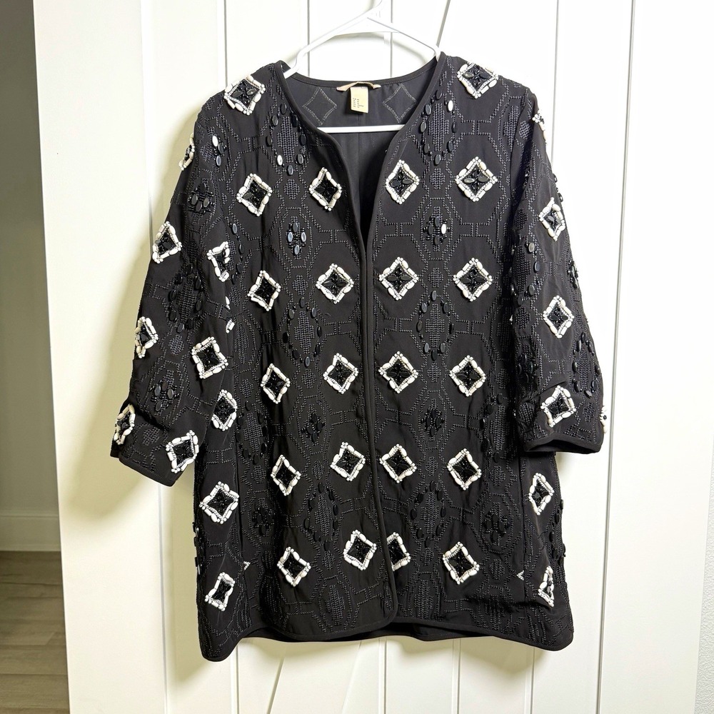 H&M Black White Geometric Beaded Embroidered Open Front Jacket 3/4 sleeve Sz 10